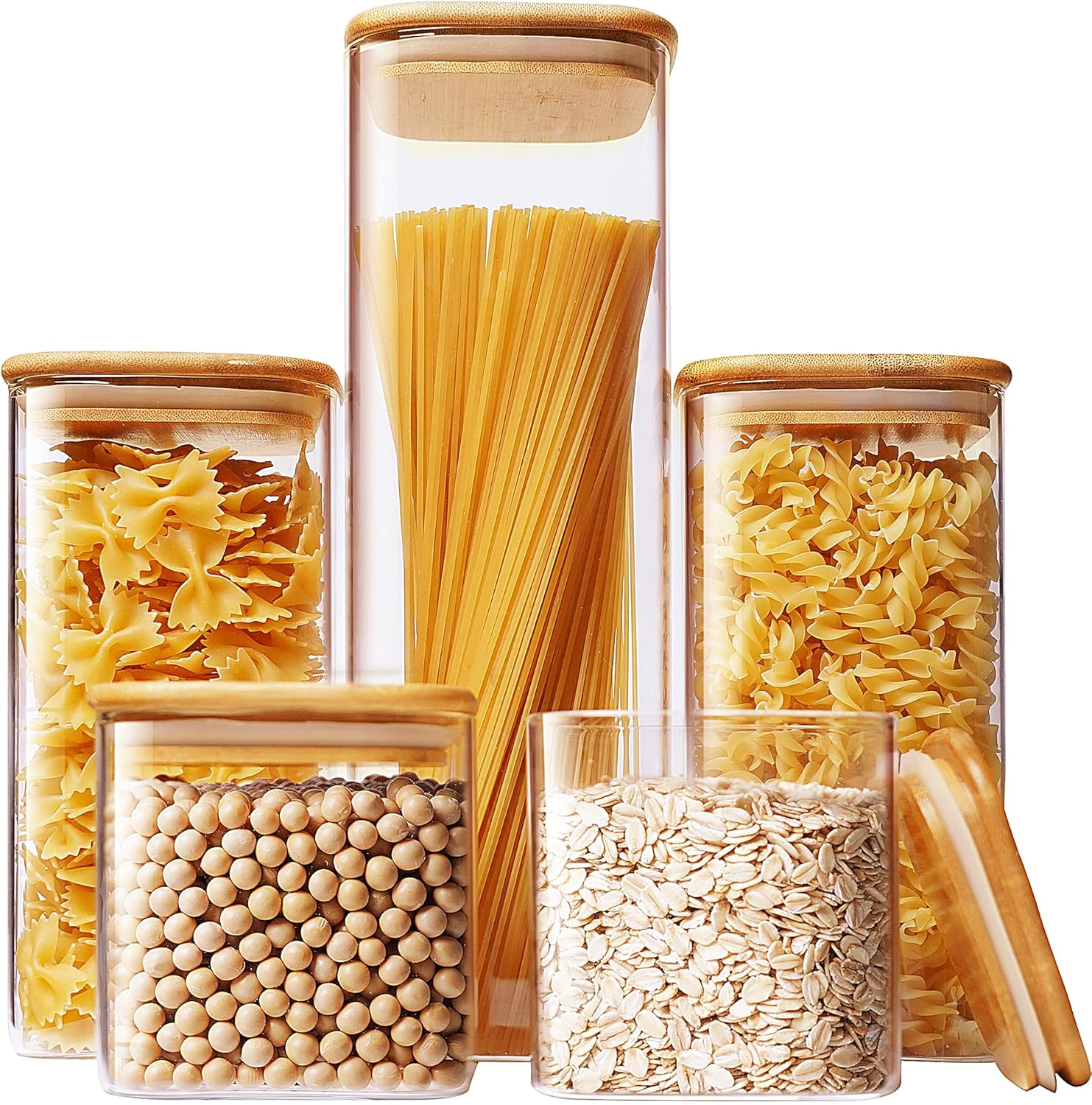 Food Storage Containers Set - Square Glass Jars with Bamboo Lids