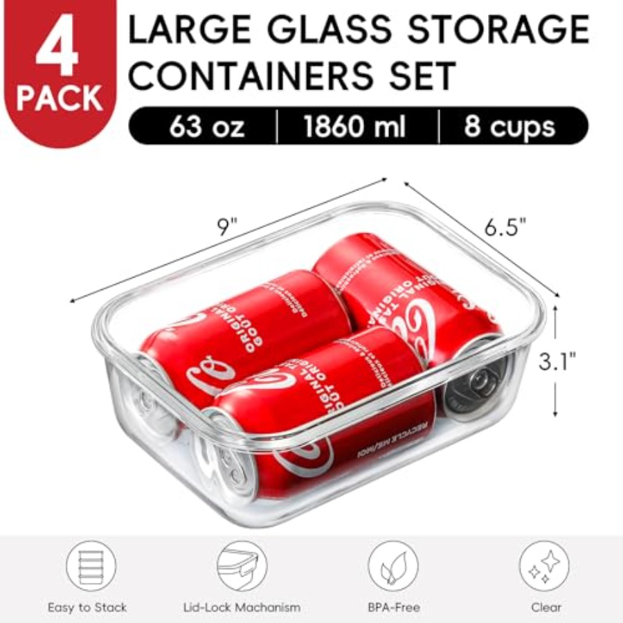 4 Pack 8 Cups/ 63oz Large Glas - Food Storage Airtight recensione e prezzo